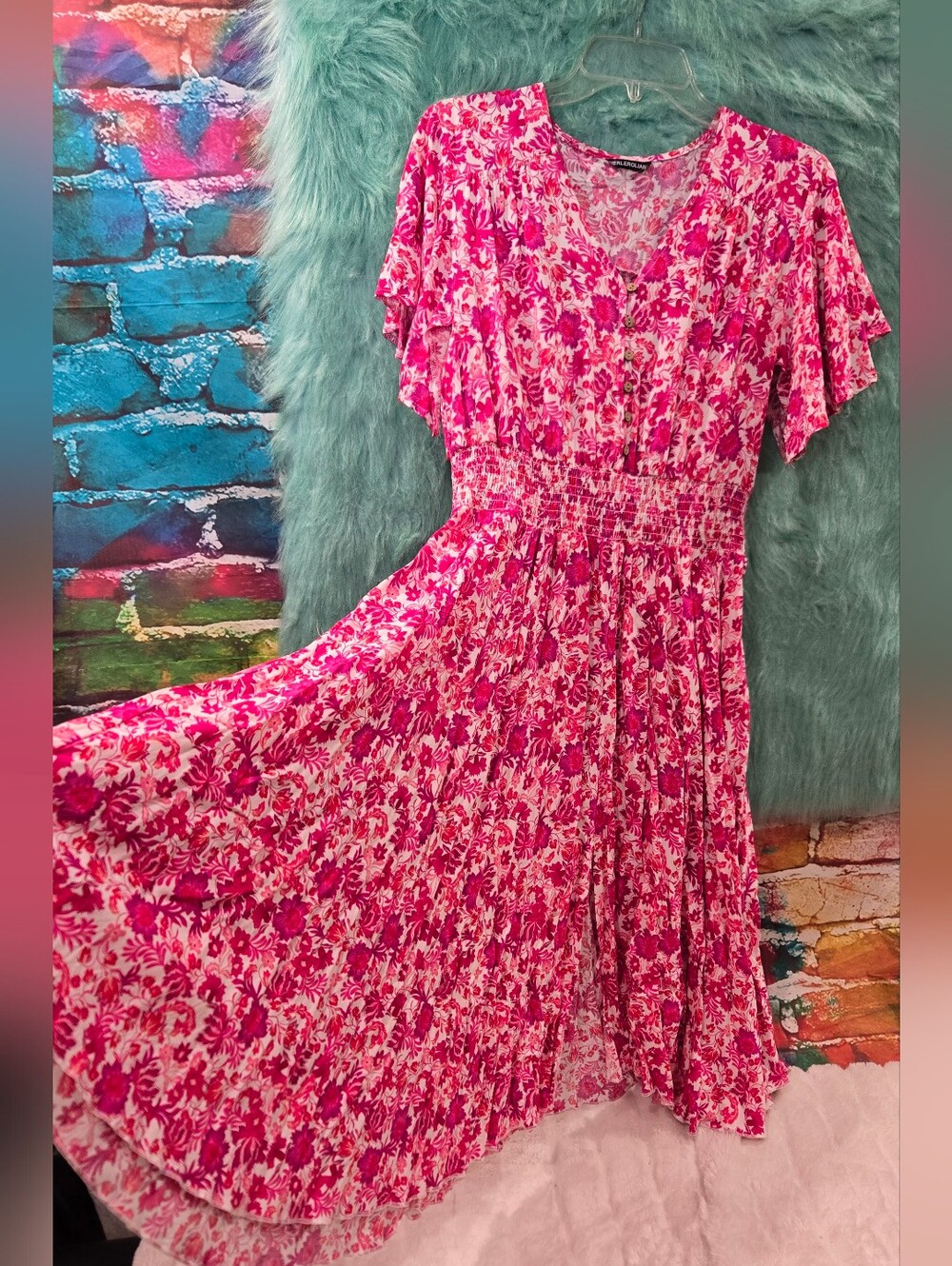 Nerlerolian Pink And White Floral Short Bell Sleeve Dress Size XL